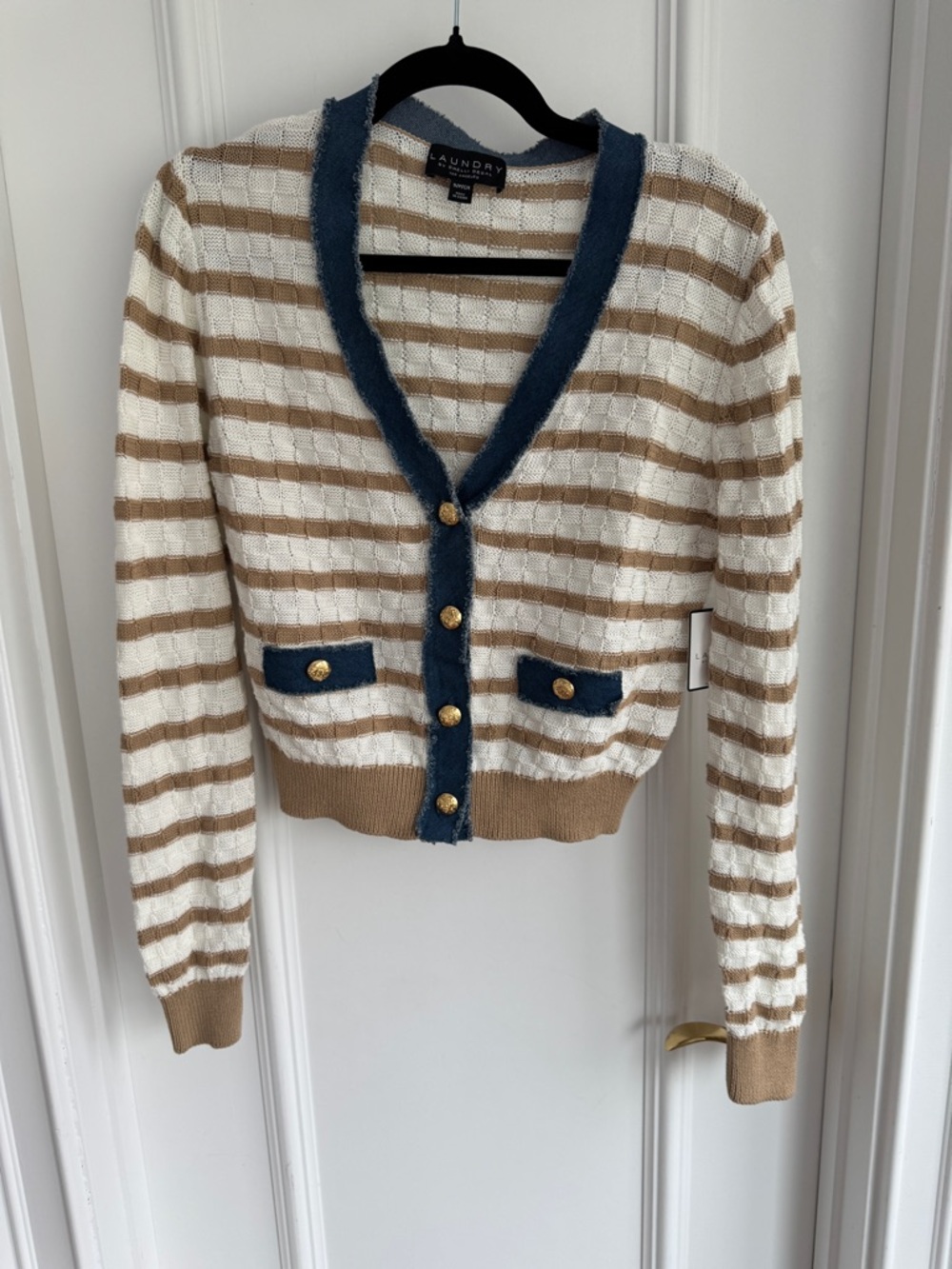 Laundry By Shelli Segal Cream and Tan Striped Cardigan with Blue Trim